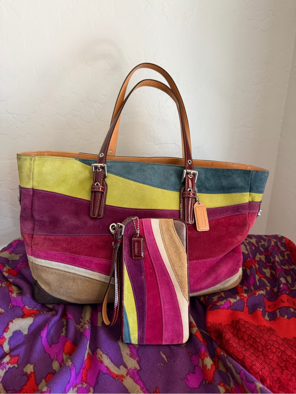 Coach Limited Edition Wave Multicolor Suede Gallery Tote AND Wristlet - RARE!
